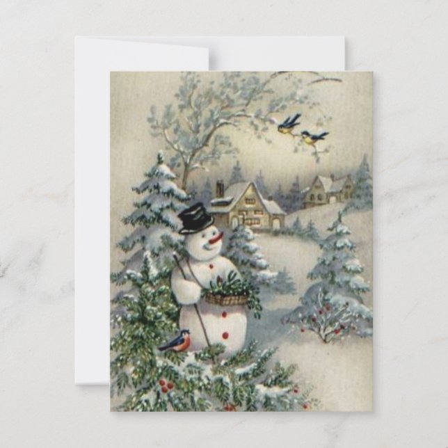 Vintage Christmas Snowman Picking Holly Feiertagskarte (Vorderseite)