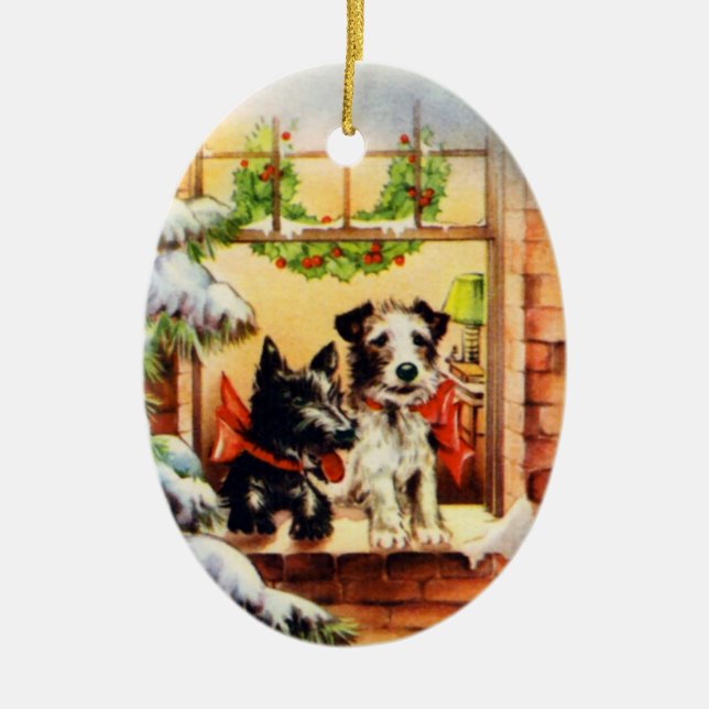 Vintage Christmas Terrier Dog Keramikornament (Vorne)