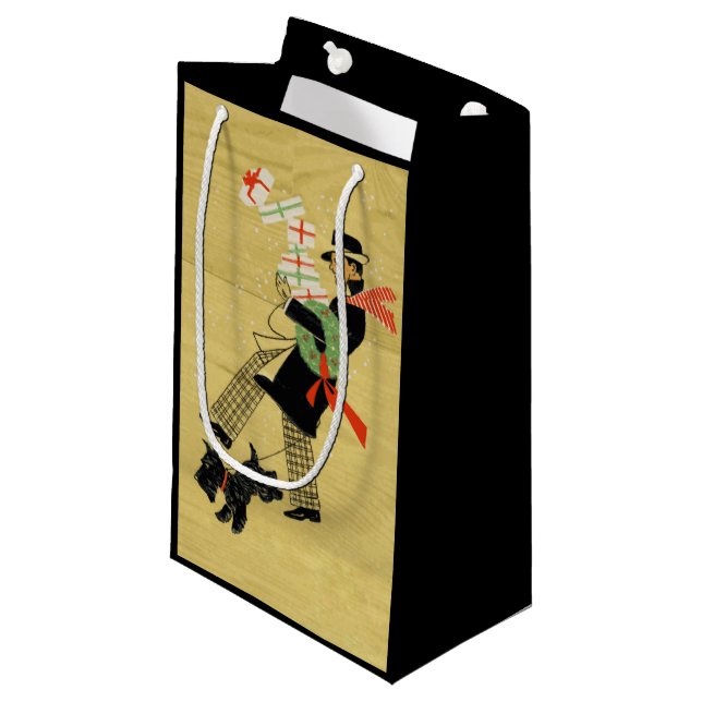 Vintage Christmas Terrier Dog Kleine Geschenktüte (Vorderseite Schrägansicht)