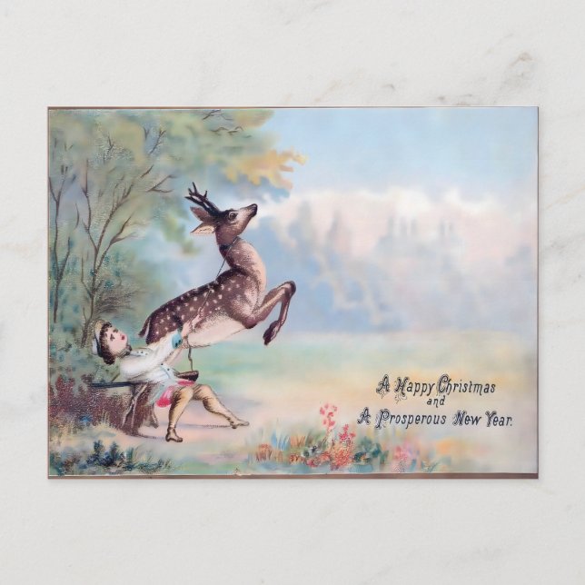 Vintage Christmas: The Leaping Fawn & Boy Postkarte (Vorderseite)