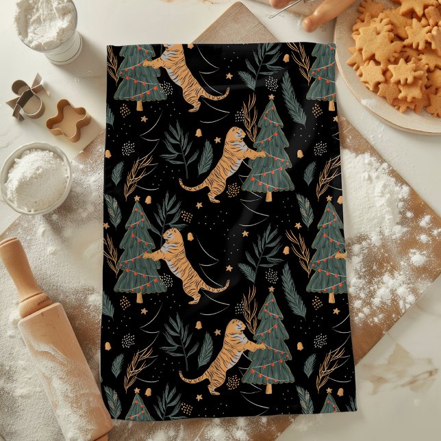 "Vintage Christmas Tiger mit Weihnachtsbaum Schwar Geschirrtuch (Von Creator hochgeladen)
