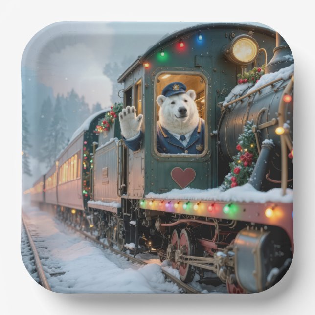 Vintage Christmas Train With Waving Polar Bear Pappteller (Vorderseite)