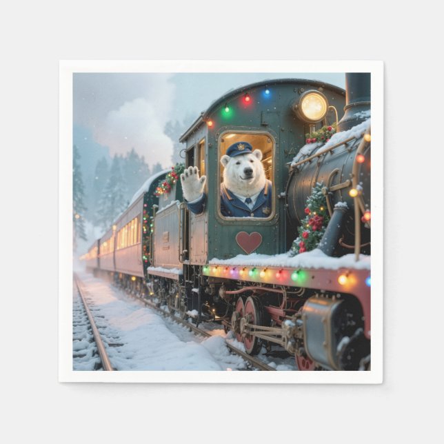 Vintage Christmas Train With Waving Polar Bear Serviette (Vorderseite)