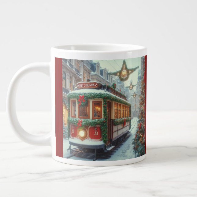 Vintage Christmas Tram in Snowy Town Jumbo-Tasse (Links)