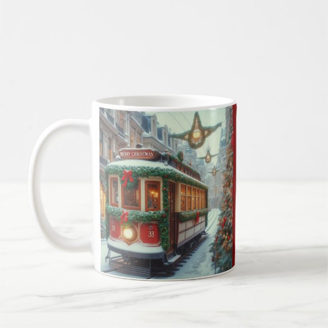 Vintage Christmas Tram in Snowy Town Kaffeetasse (Links)