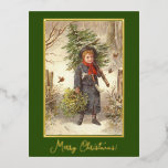 Vintage Christmas Tree Baby Girl Greenery Folien Feiertagspostkarte<br><div class="desc">Diese Vintage Themed Retro Weihnachten Weihnachten Rot,  Grün und Beige Weihnachten Postkarte mit Mädchen tragen Weihnachtsbaum Grüße wird perfekt für Ihren Urlaub Gruß. Sie können auch andere Designs in diesem Stile in meinem Laden finden.</div>