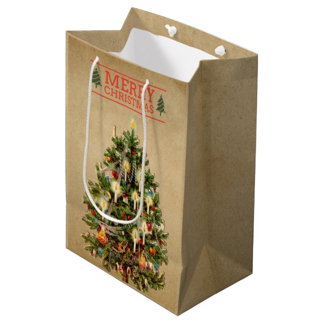 Vintage Christmas Tree Geschenktasche Mittlere Geschenktüte (Vorderseite Schrägansicht)