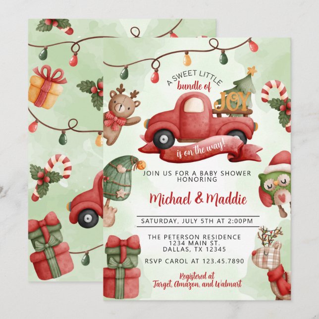 Vintage Christmas Truck Baby Dusche Einladung (Vorne/Hinten)
