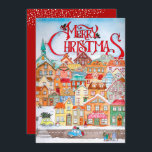 Vintage Christmas Village Flat Feiertagskarte<br><div class="desc">Merry Christmas and a cute illustration of a town is featured on the front of these holiday cards and your personalized greeting on the back. *ADD a photo on the back,  too. Select Matte for heaviest paper and high definition for best print quality.</div>