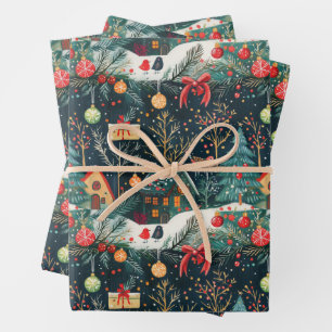 Vintage Christmas Village Wrapping Paper Geschenkpapier Set