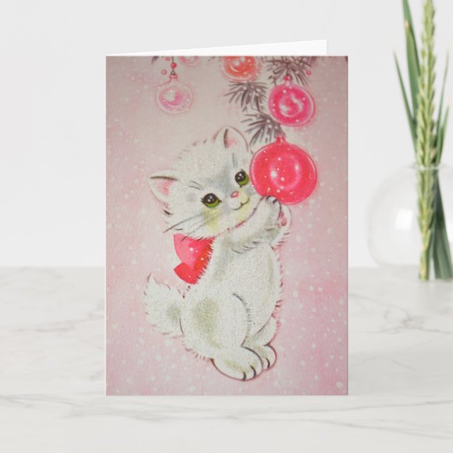 Vintage Christmas White Kitty Feiertagskarte (Vorderseite)