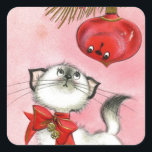 Vintage Christmas White Kitty Quadratischer Aufkleber<br><div class="desc">Vintage Christmas White Kitty</div>