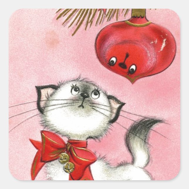 Vintage Christmas White Kitty Quadratischer Aufkleber (Vorderseite)