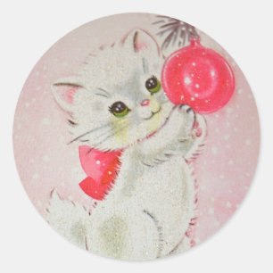 Vintage Christmas White Kitty Runder Aufkleber