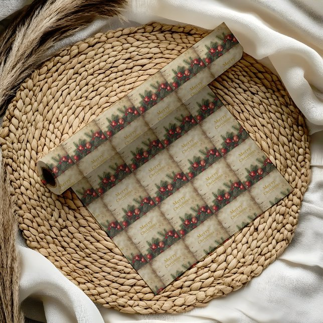 Vintage Christmas Wrapping Paper Geschenkpapier (Vintage Christmas wrapping paper — burnt parchment with red & green motifs for timeless gift wrap.!!)