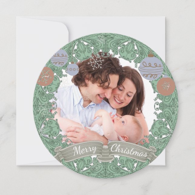 Vintage Christmas Wreath Custom Foto Feiertagskarte (Vorderseite)