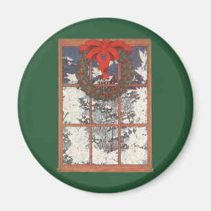 Vintage Christmas Wreath in a Window with Snow Magnet