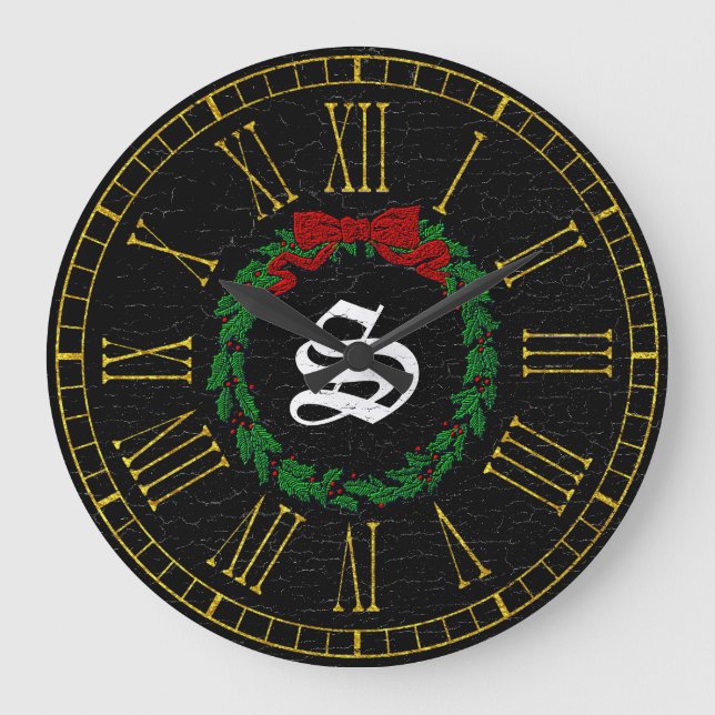 Vintage Christmas Wreath Monogram Große Wanduhr (Vorderseite)