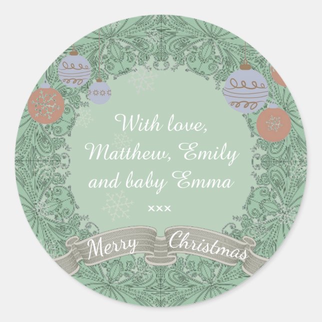 Vintage Christmas Wreath Personalisiert Runder Aufkleber (Vorderseite)