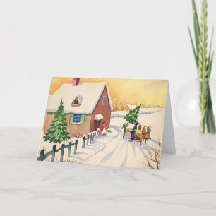 Vintage-Christnachtsbaum an einer verschneiten Win Feiertagskarte