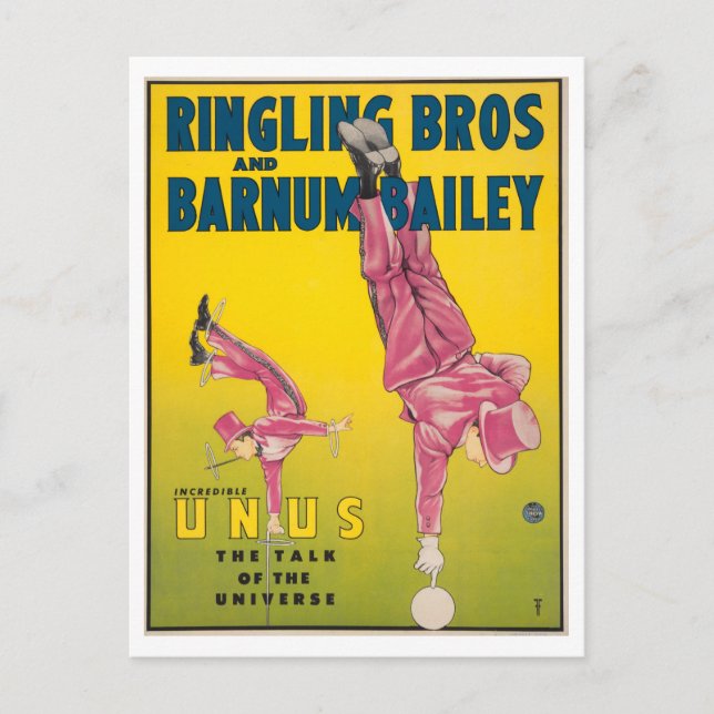 Vintage Circus-Werbung für unglaubliche Unus Postkarte (Vorderseite)