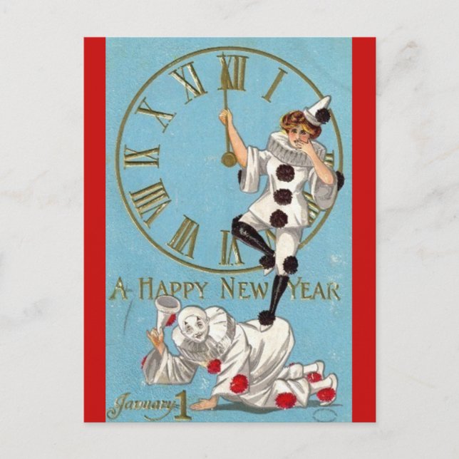 Vintage Clowns um Mitternacht glücklich Neues Jahr Postkarte (Vorderseite)