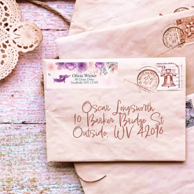 Vintage Cockpit-Dackel-Adressenmarken (Vintage lavender dachshund stationery -- cottage core wedding vibes)