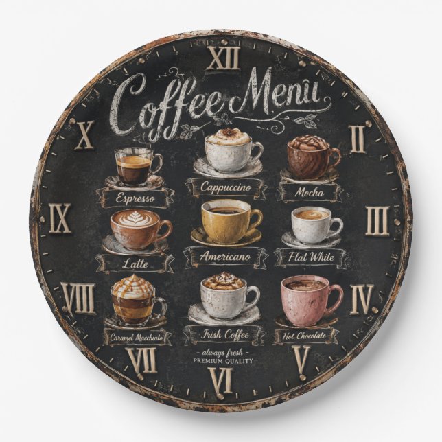 Vintage Coffee Menu Pappteller (Vorderseite)