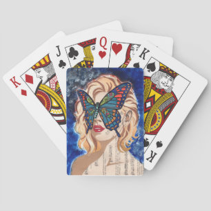 Vintage-Collage-Frauenporträt mit blauem Schmetter Spielkarten