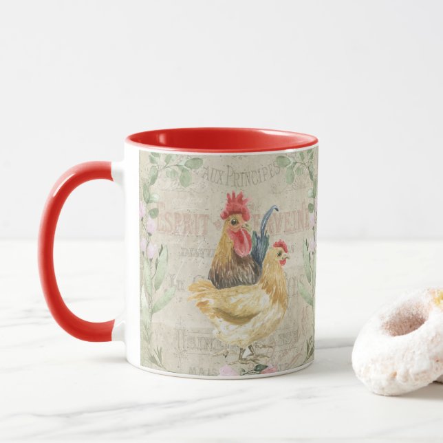 Vintage Collage - Hähne und Blume Tasse (Mit Donut)
