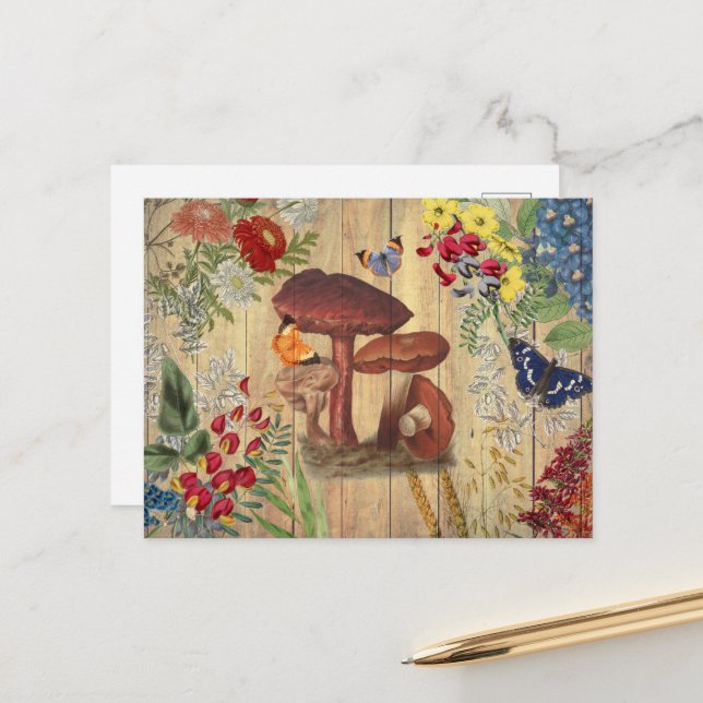 VINTAGE COLLAGE MUSHROOM POSTCARD POSTKARTE (Vorderseite/Rückseite Beispiel)