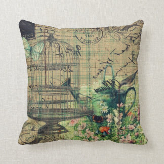 Vintage Collage w/Bird u. Birdcage-Garten Kissen