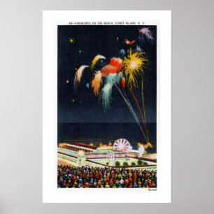 Vintage Coney-Inselfeuerwerke auf Strand Poster