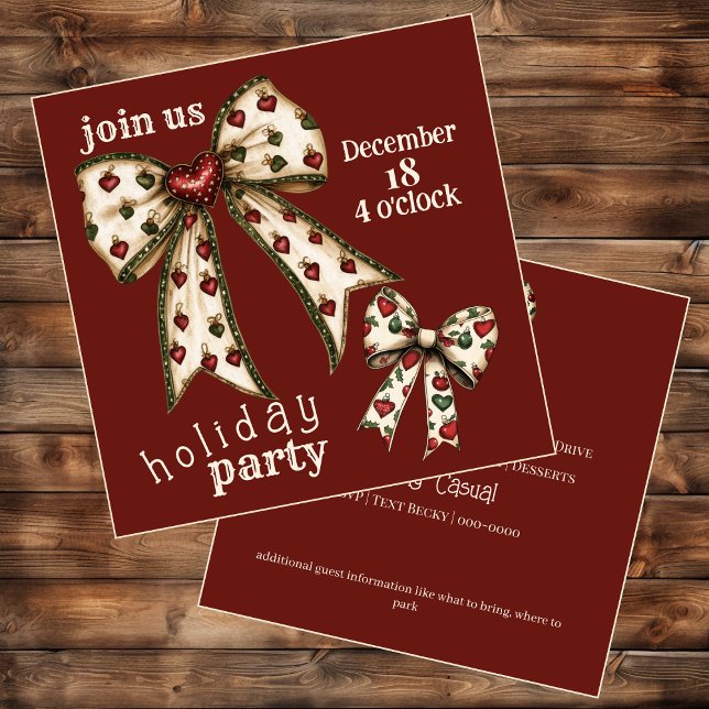 Vintage Coquette Bow Holiday Einladung (Cute vintage bows on fully customizable holiday party invitations)