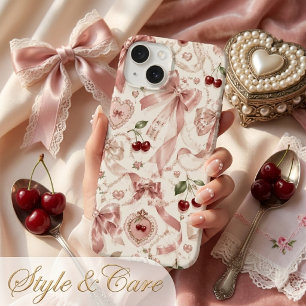 Vintage Coquette Rosa Schleife und Kirschen-Ästhet Case-Mate iPhone 14 Hülle