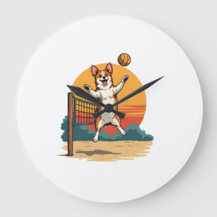 Vintage Corgi Volleyball Retro-Sonnenuntergang Vek Große Wanduhr
