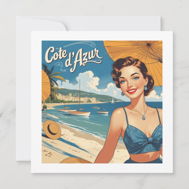 Vintage Cote D'Azur Beach Girl Card (Vorderseite)