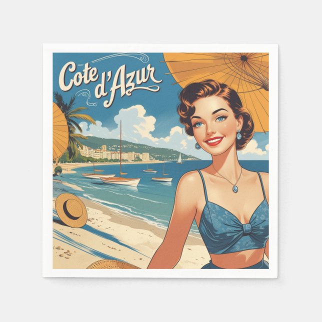 Vintage Cote D'Azur Beach Girl Serviette (Vorderseite)