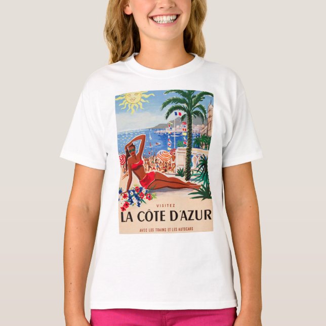 Vintage Cote D'Azur Beach Girl T-Shirt (Vorderseite)