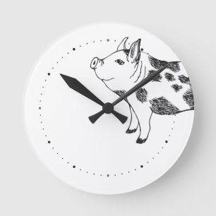 Vintage Cottagecore-Schwein LineArt Minimalist Mus Runde Wanduhr