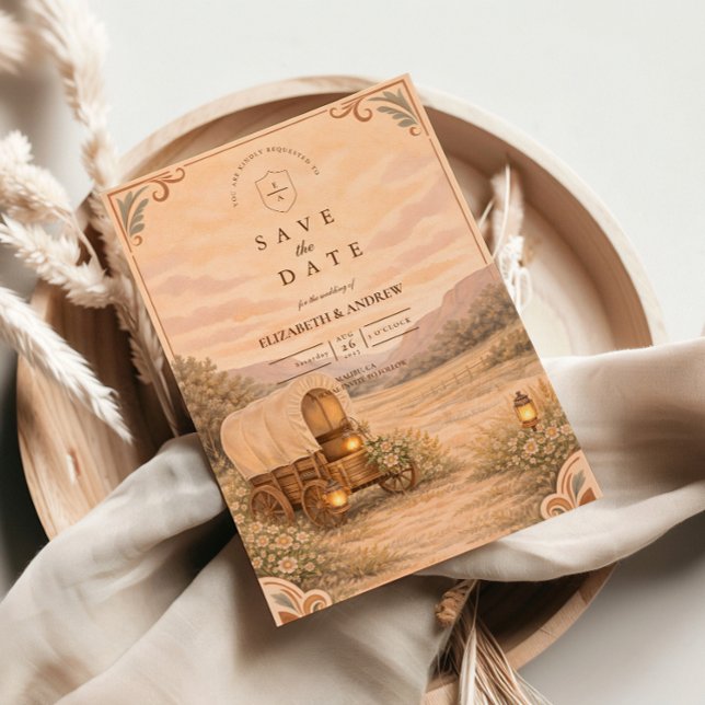 Vintage Covered Wagon Meadow Wedding Save The Date (Von Creator hochgeladen)