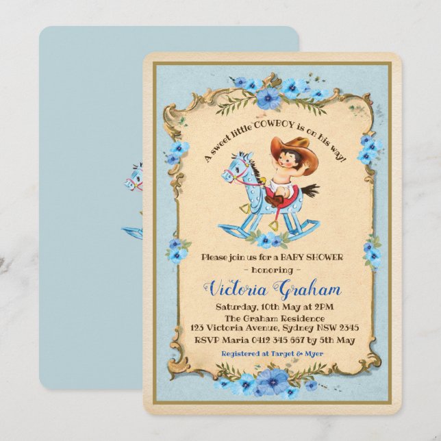 Vintage Cowboy-Baby-Duschen-Einladungs-blaues Einladung (Vorne/Hinten)