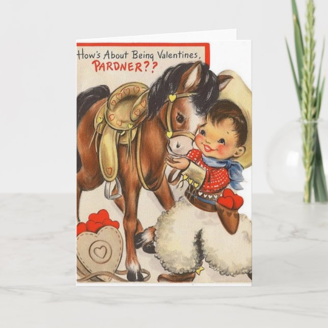 Vintage Cowboy & Niedlich Pony Valentine Card Dankeskarte (Vorderseite)