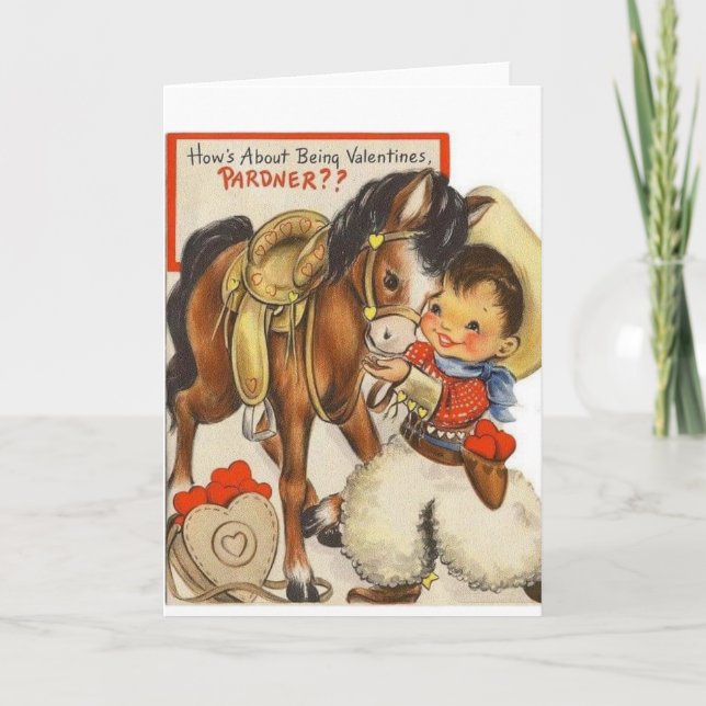 Vintage Cowboy & Niedlich Pony Valentine Card Dankeskarte (Vorderseite)