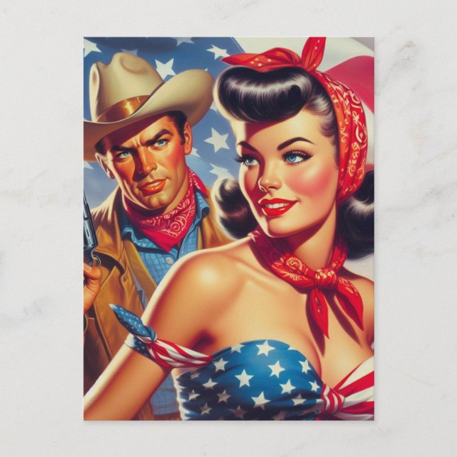 Vintage Cowboy und Pin Up Postkarte (Vorderseite)