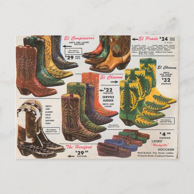 Vintage Cowboystiefel & Moccasins Postkarte (Vorderseite)