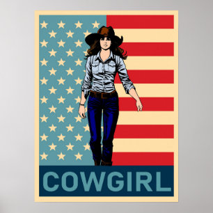 Vintage-Cowgirl Amerikanische Flagge Poster