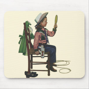 Vintage-Cowgirl beim Blick in den Spiegel Sie ist  Mousepad