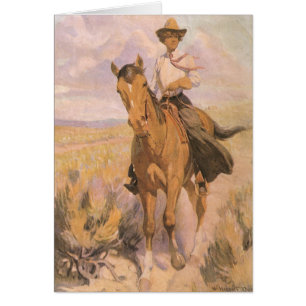 Vintage Cowgirl Cowboy, Frau auf Pferd von Dunton