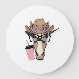 Vintage-Cowgirl Pferd mit Blumen und rosa Getränk Große Wanduhr